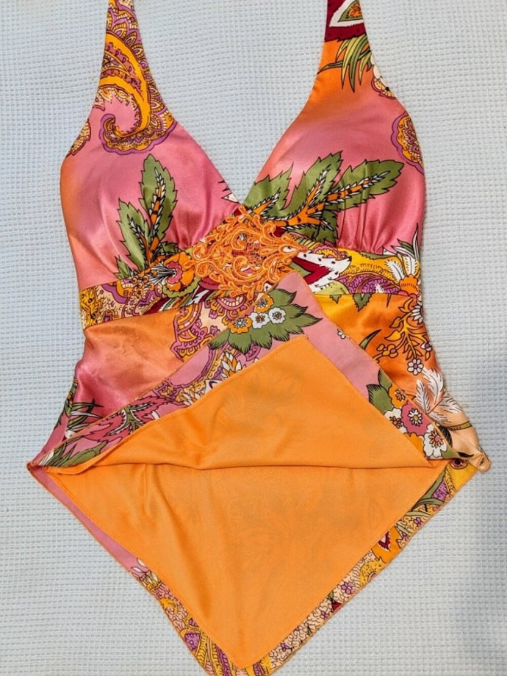 Cache Vintage Silk Halter Top Pink Orange floral beaded medallion Tropical glam - Picture 6 of 8